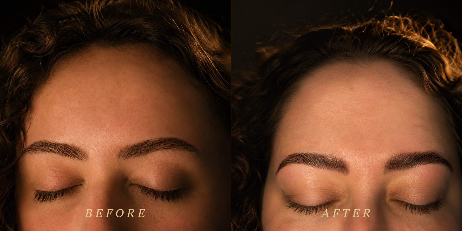 Real client before and after brow lamination at Eclipse Beauty Lounge in Denver — sculpted, lifted brows with lasting structure by Natasha