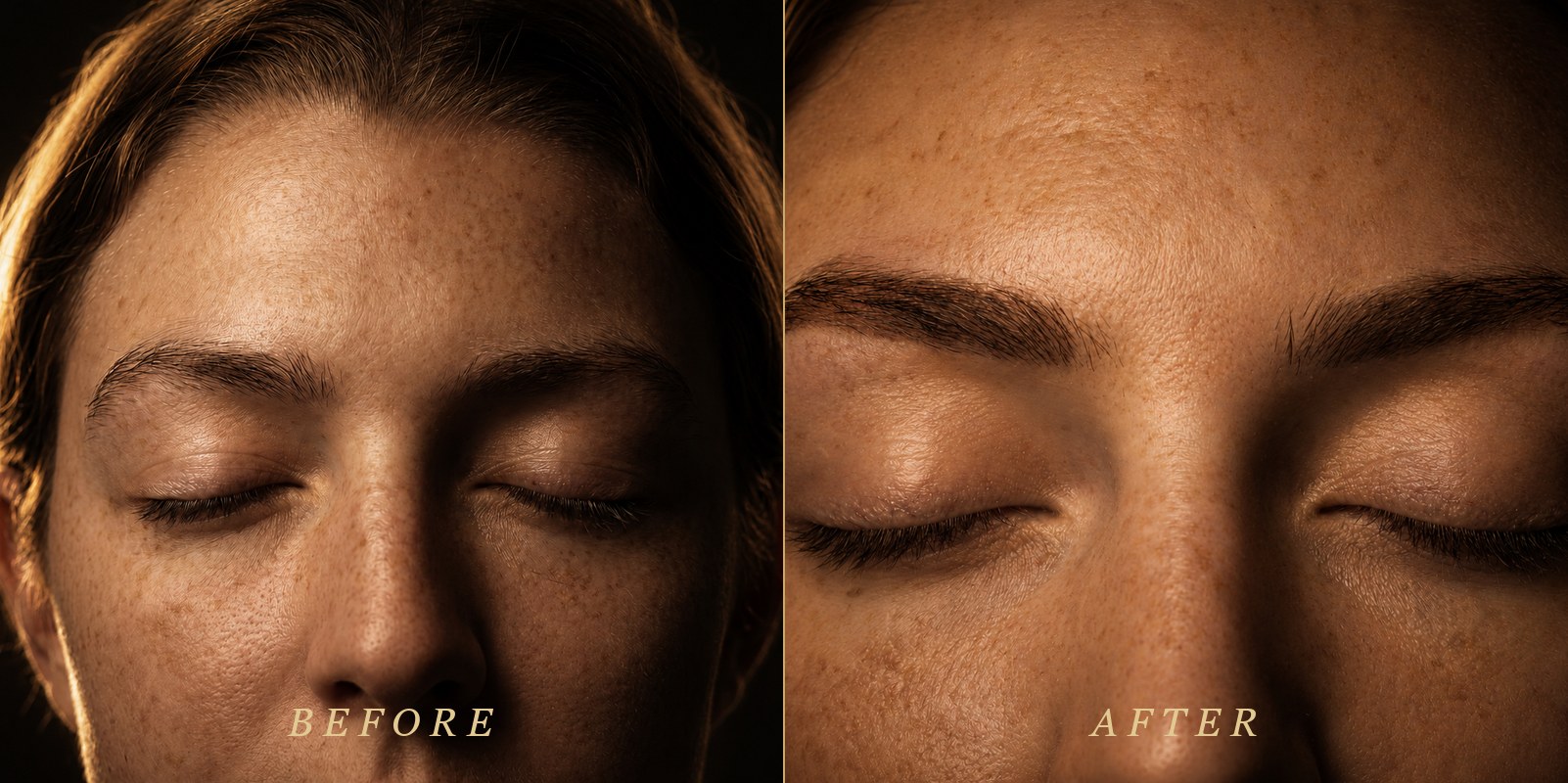 Real client before and after brow tinting at Eclipse Beauty Lounge in Denver — pale invisible brows transformed into defined, richly colored brows with hybrid dye by Natasha