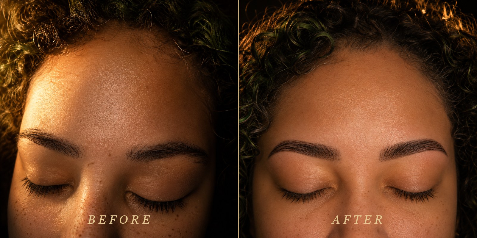 Real client before and after brow wax and sculpt at Eclipse Beauty Lounge in Denver — natural unshaped brows transformed into precise, defined arches by Natasha