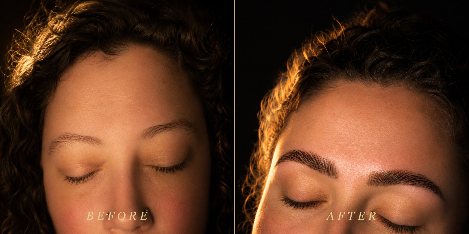 Real client before and after Signature Brows at Eclipse Beauty Lounge in Denver — sparse natural brows transformed with hybrid dye, lamination, and precision sculpting by Natasha